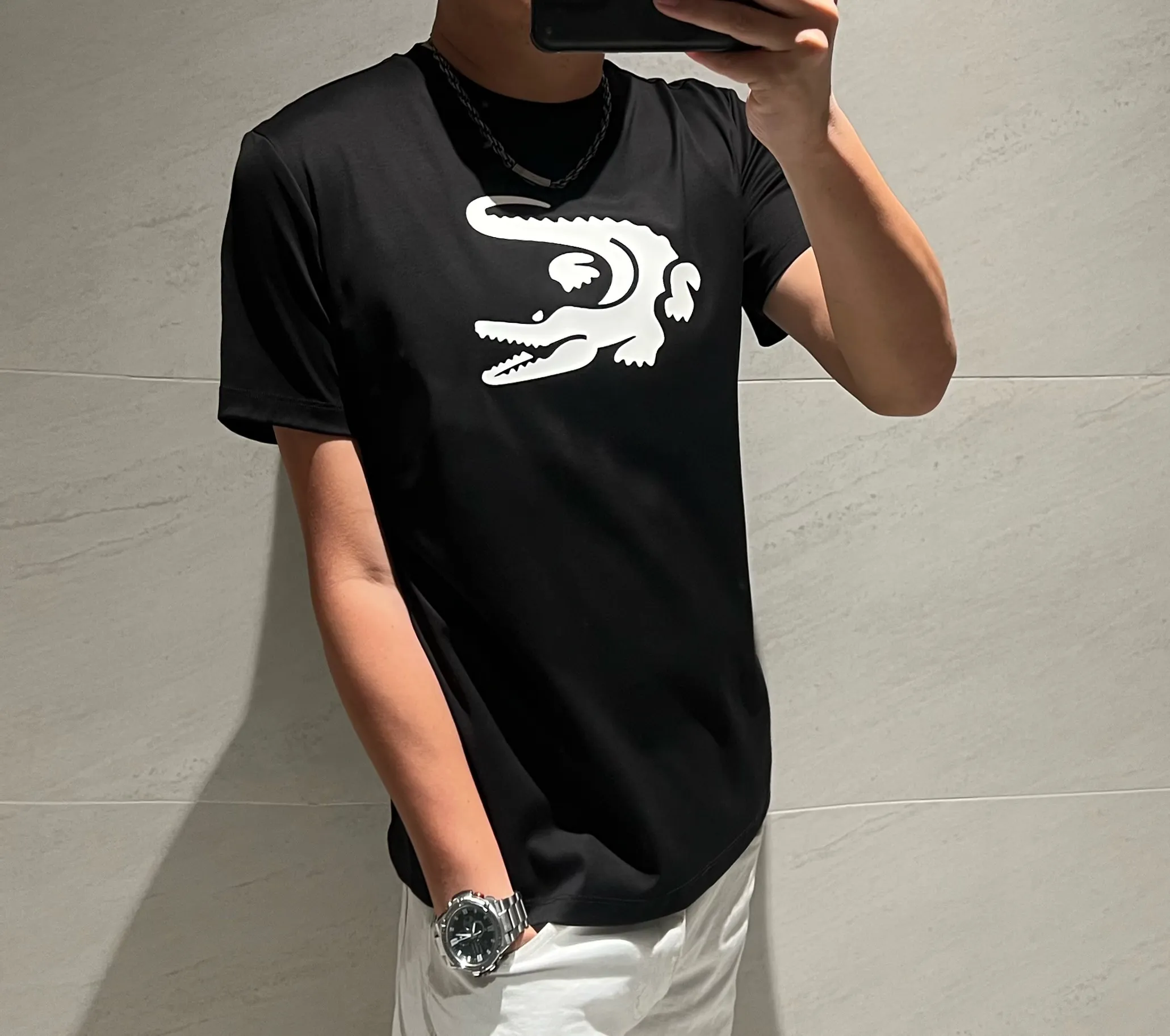 2026 New Arrival spring and summer mercerized cotton 200g short-sleeved T-shirt logo: LACOSTE Process: silicone Color: black/white Sizes: M~3XL